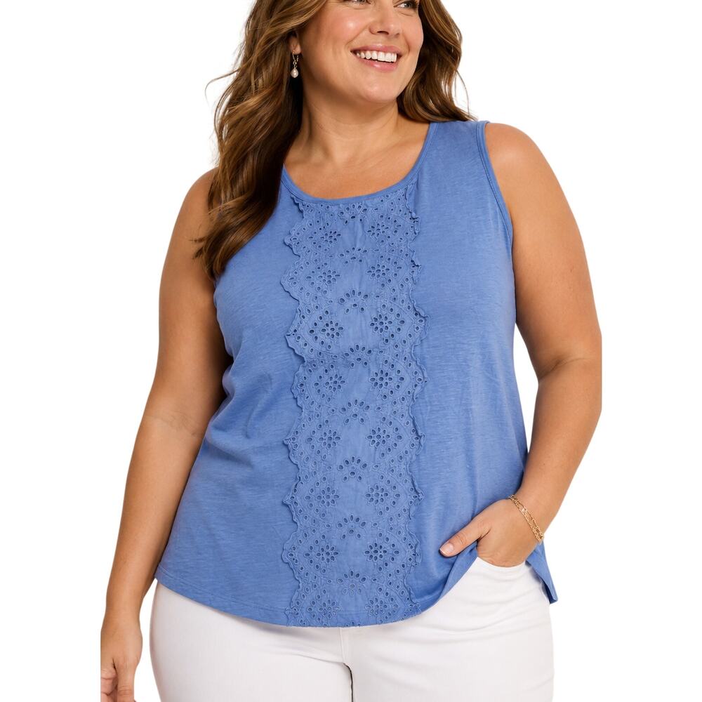 Talbots Tank Top 3X Blue Cotton Eyelet Sleeveless Plus Size Casual Summer Blouse